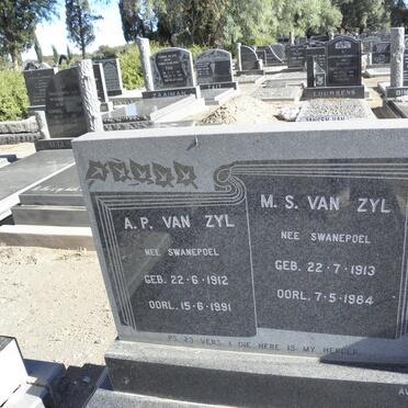 ZYL A.P., van nee SWANEPOEL 1912-1991 :: VAN ZYL M.S. nee SWANEPOEL 1913-1984