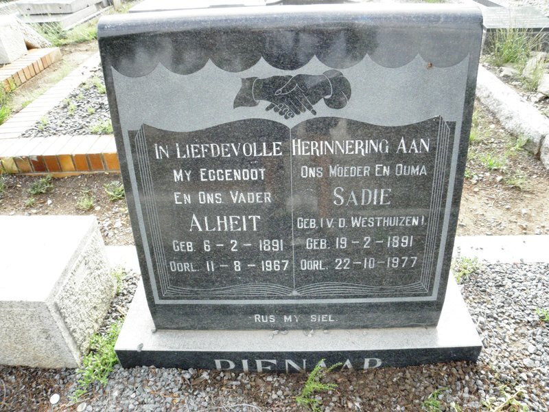 PIENAAR Alheit 1891-1967 &amp; Sadie V.D. WESTHUIZEN 1891-1977