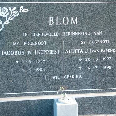 BLOM Jacobus N. 1925-1984 &amp; Aletta J. VAN PAPENDORP 1927-1998