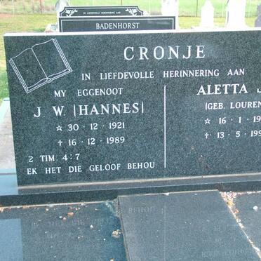 CRONJE J.W. 1921-1989 &amp; Aletta J.E. LOURENS 1918-1995