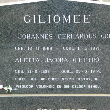 GILIOMEE Johannes Gerhardus 1889-1971 &amp; Aletta Jacoba 1896-1974