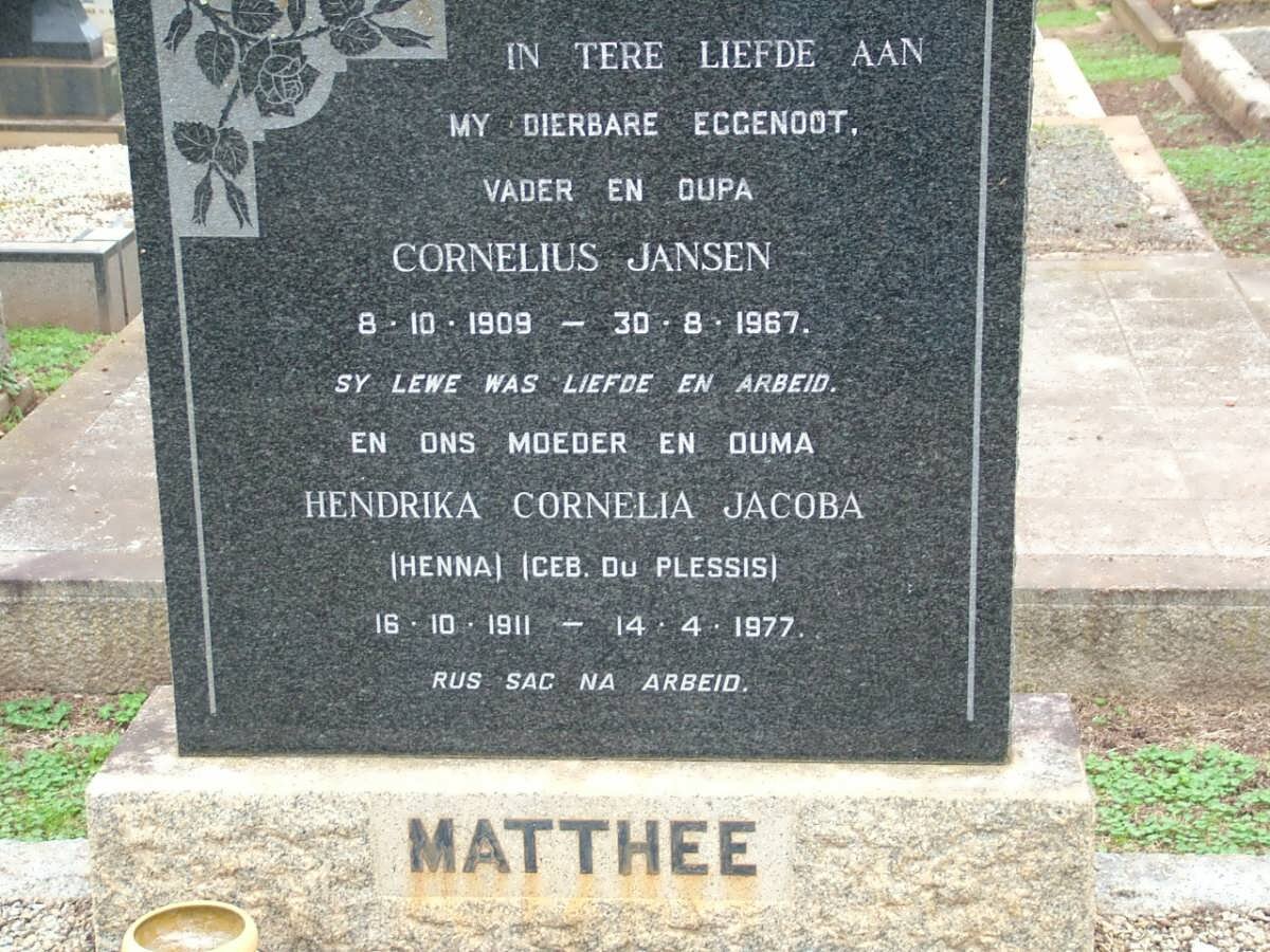 MATTHEE Cornelius Jansen 1909-1967 &amp; Hendrika Cornelia Jacoba DU PLESSIS 1911-1977