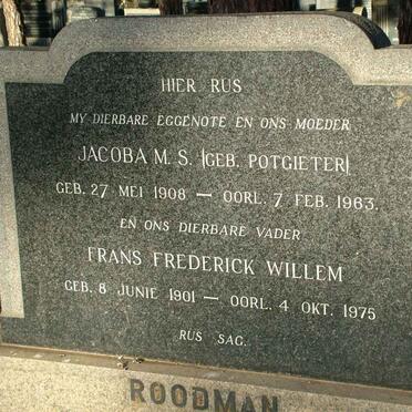 ROODMAN Frans Frederick Willem 1901-1975 &amp; Jacoba M.S. POTGIETER 1908-1963