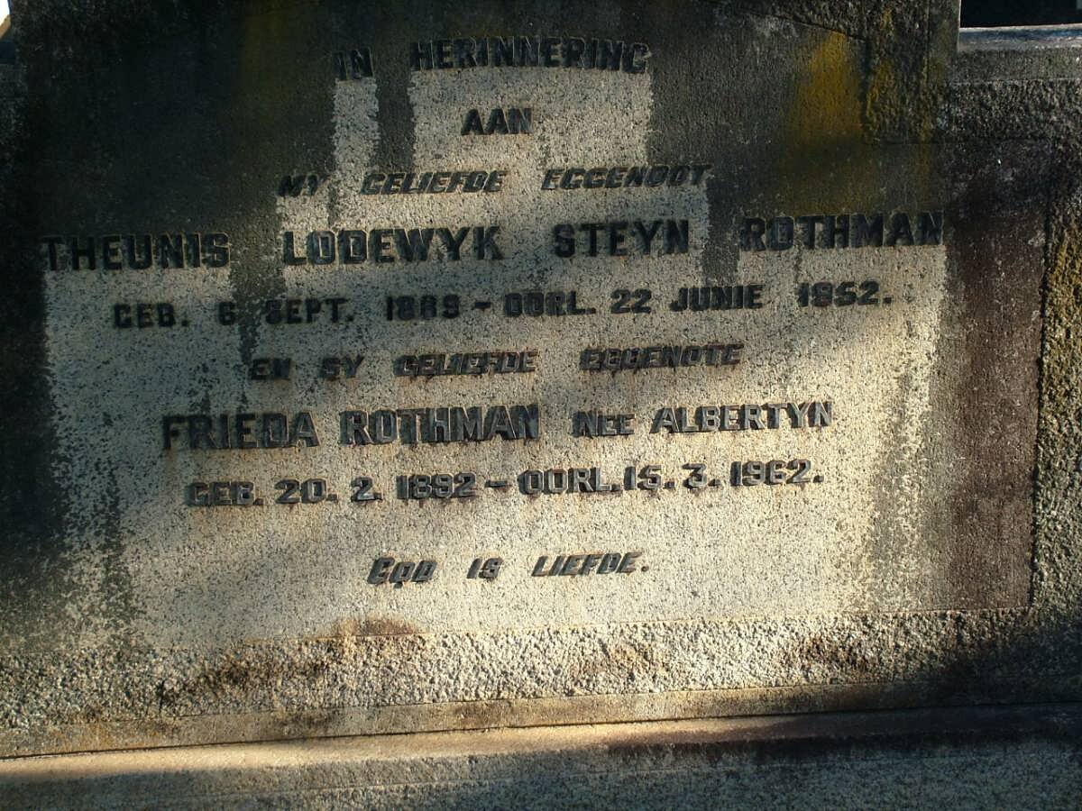 ROTHMAN Theunis Lodewyk Steyn 1889-1952 &amp; Frieda ALBERTYN 1892-1962