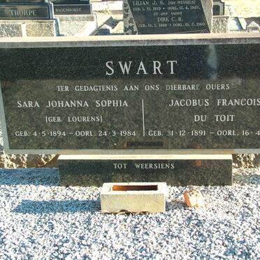 SWART Jacobus Francois Du Toit 1891-1957 &amp; Sara Johanna Sophia LOURENS 1894-1984