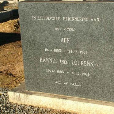 TALJAARD Ben 1893-1964 &amp; Hannie LOURENS 1893-1964