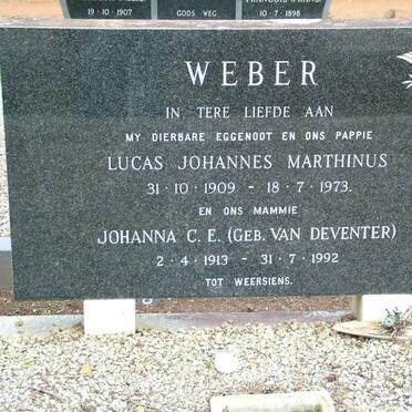 WEBER Lucas Johannes Marthinus 1909-1973 &amp; Johanna C.E. VAN DEVENTER 1913-1992