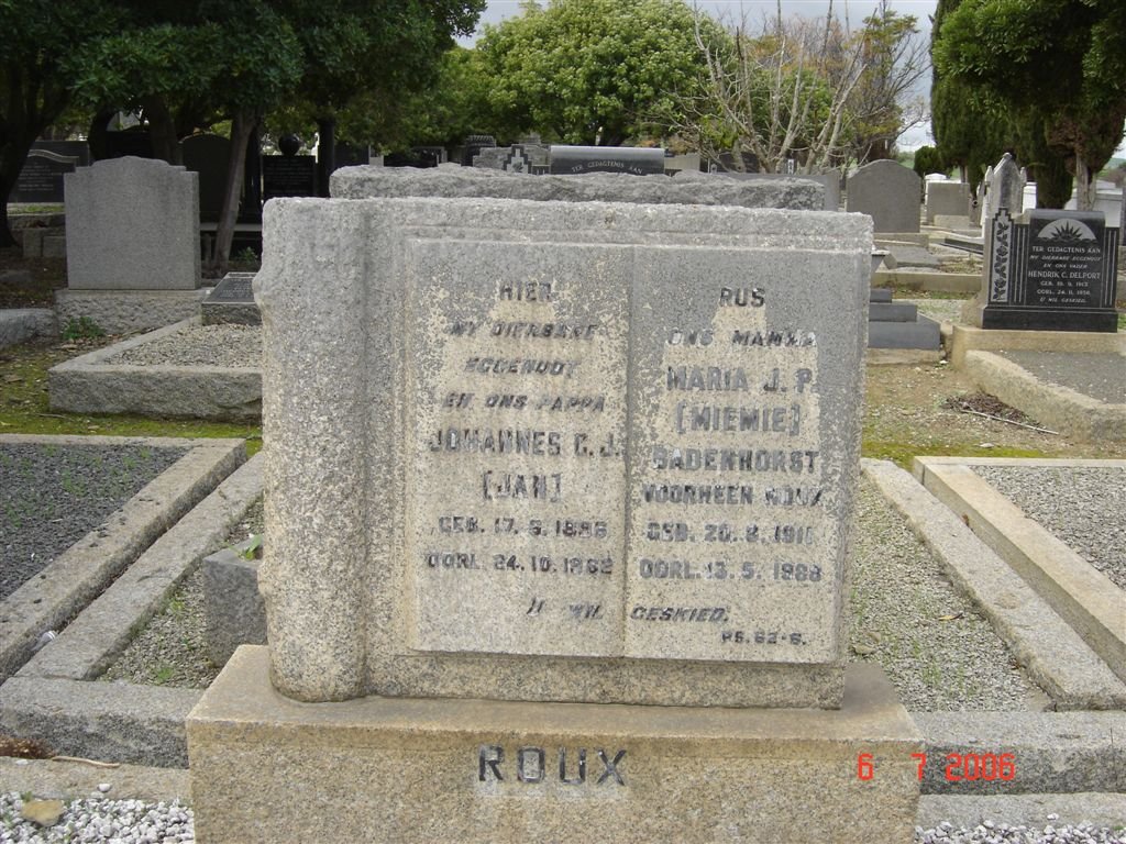 ROUX Johannes C.J. 1888-1962 &amp; Maria P. ROOS 1916-1982