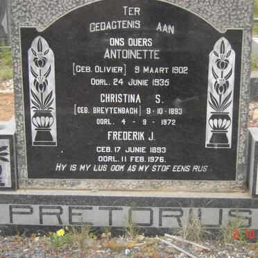 PRETORIUS Frederik J. 1893-1976 &amp; Christina S. BREYTENBACH 1893-1972 &amp;  Antoinette OLIVIER 1902-1935
