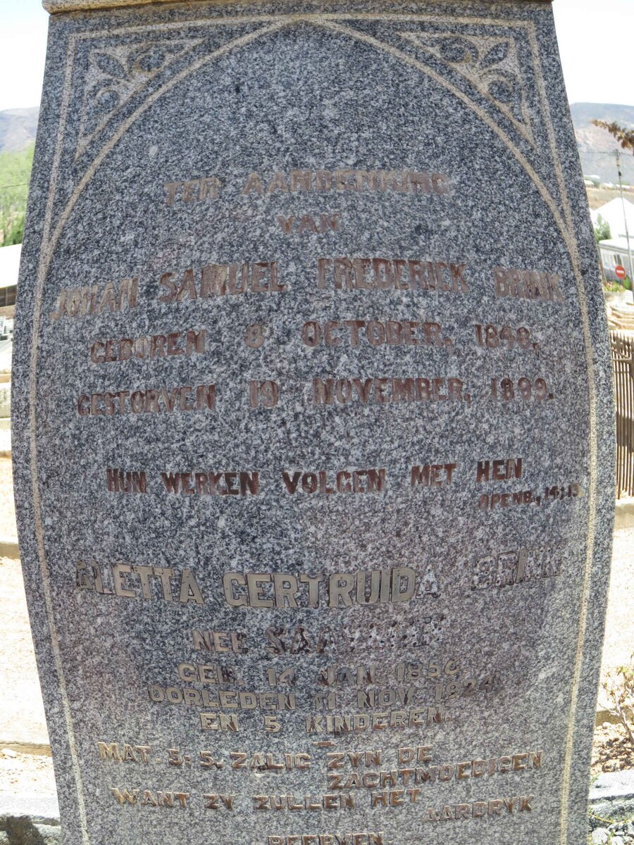 BRINK Johan Samuel Frederick 1848-1899 &amp; Aletta Gertruida SAAYMAN 1850-1924