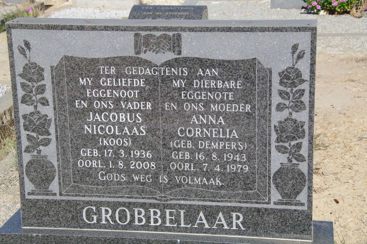 GROBBELAAR Jacobus Nicolaas 1936-2008 &amp; Anna Cornelia DEMPERS 1943-1979