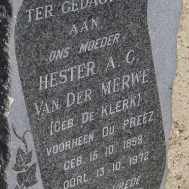 MERWE Hester A.C., van der voorheen du PREEZ nee de KLERK 1899-1972