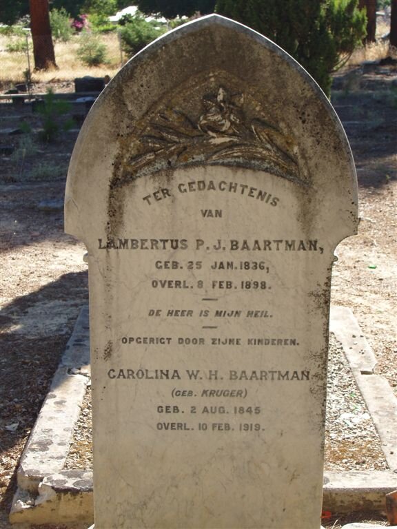 BAARTMAN Lambertus P.J. 1836-1898 &amp; Carolina W.H. KRUGER 1845-1919