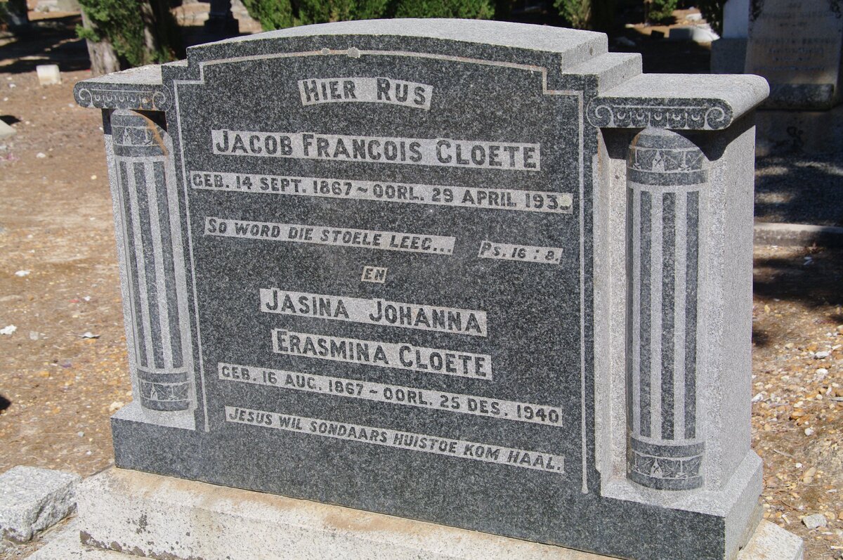 CLOETE Jacob Francois 1867-193? &amp; Jasina Johanna Erasmina 1867-1940