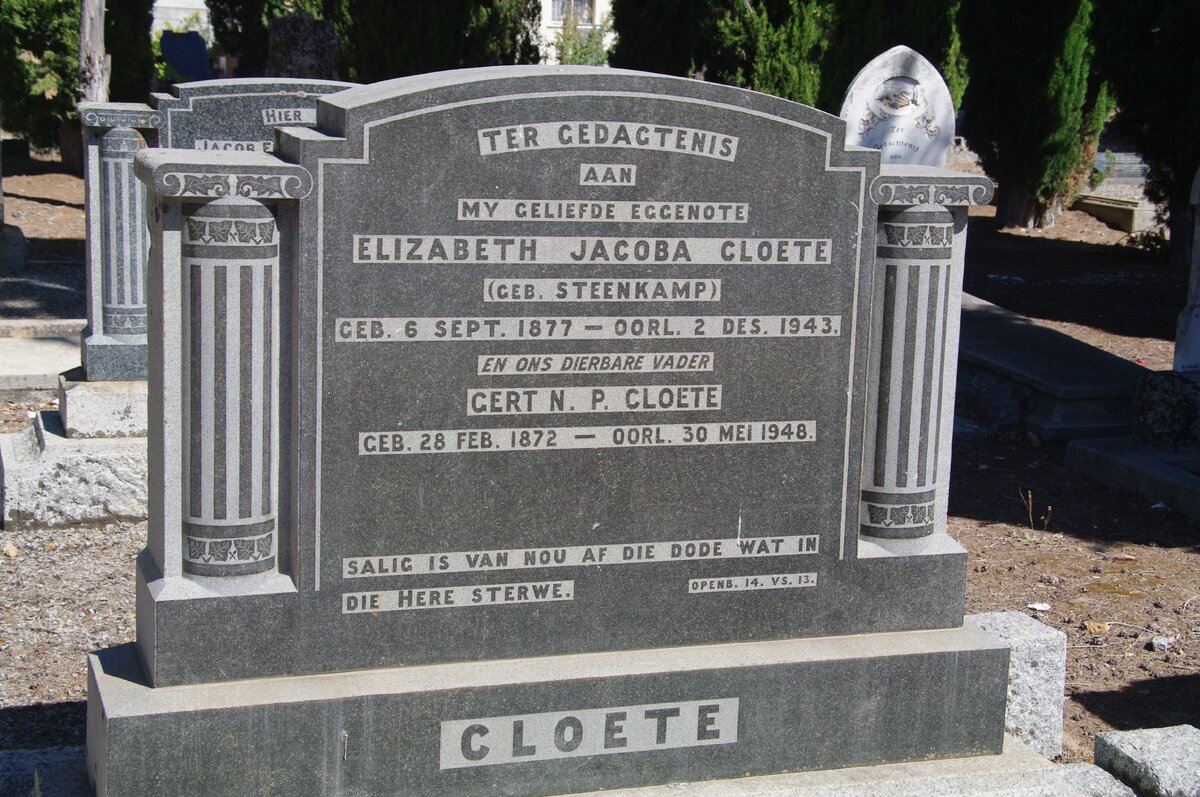 CLOETE Gert N.P. 1872-1948 &amp; Elizabeth Jacoba STEENKAMP 1877-1943