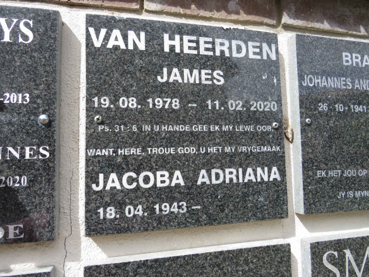 HEERDEN James, van 1978-2020 & Jacoba Adriana 1943-