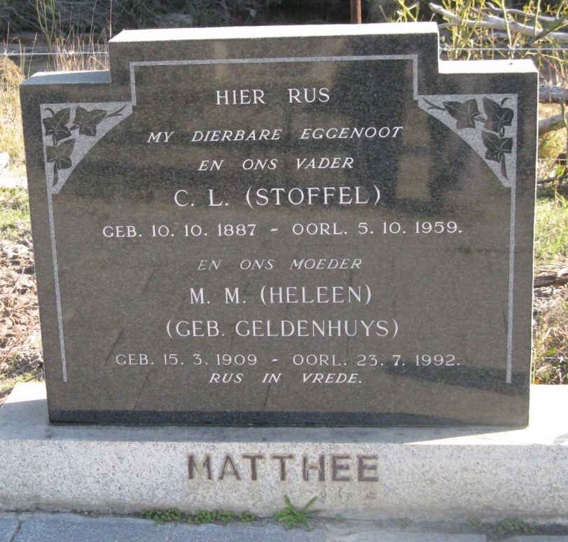 MATTHEE C.L. 1887-1959 &amp; M.M. GELDENHUYS 1909-1992