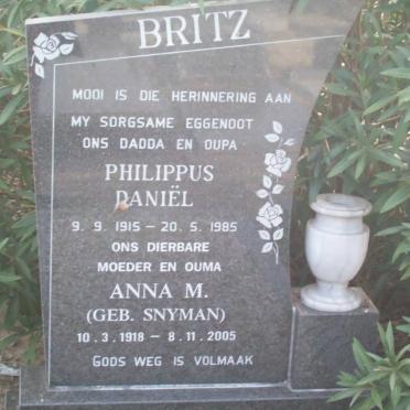 BRITZ Philippus Daniel 1915-1985 &amp; Anna M. SNYMAN 1918-2005