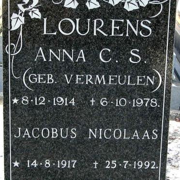 LOURENS Jacobus Nicolaas 1917-1992 &amp; Anna C.S. VERMEULEN 1914-1978