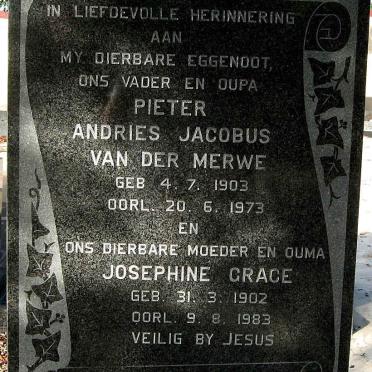 MERWE Pieter Andries Jacobus, van der 1903-1973 &amp; Josephine Grace 1902-1983