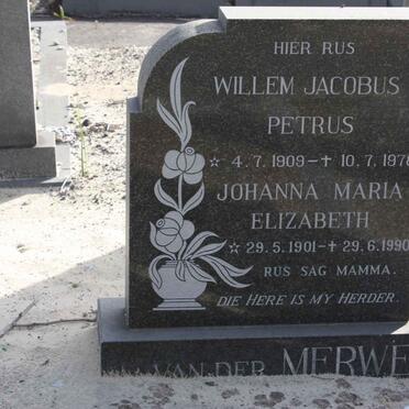 MERWE Willem Jacobus Petrus, van der 1909-1978 &amp; Johanna Maria Elizabeth 1901-1990
