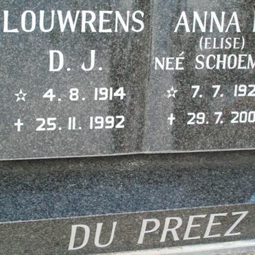 PREEZ Louwrens D.J., du 1914-1992 &amp; Anna E. SCHOEMAN 1922-2007