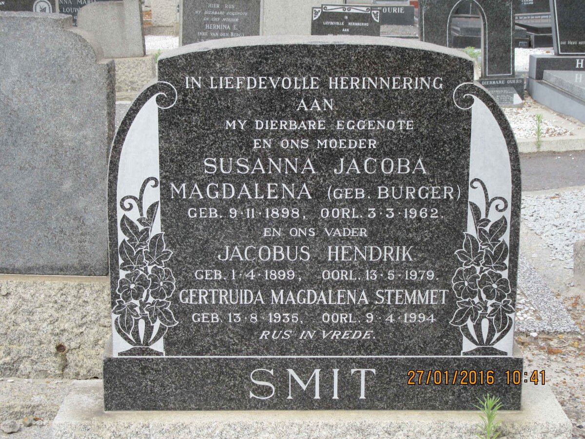SMIT Jacobus Hendrik 1899-1979 &amp; Susanna Jacoba Magdalena BURGER 1898-1962 :: STEMMET Gertruida Magdalena 1935-1994