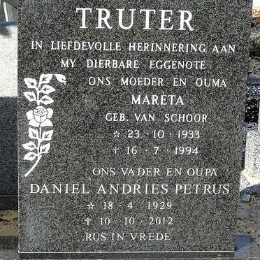 TRUTER Daniel Andries Petrus 1929-2012 &amp; Maréta VAN SCHOOR 1933-1994