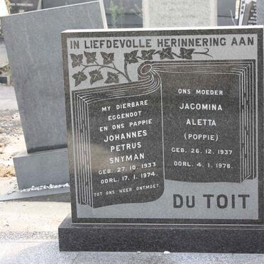 TOIT Johannes Petrus Snyman, du 1933-1974 &amp; Jacomina Aletta 1937-1978