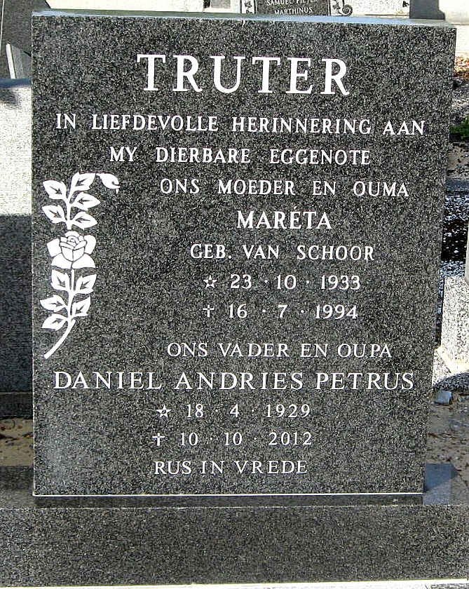 TRUTER Daniel Andries Petrus 1929-2012 &amp; Maréta VAN SCHOOR 1933-1994