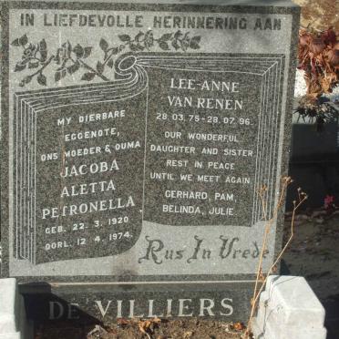 VILLIERS Jacoba Aletta Petronella, de 1920-1974 :: DE VILLIERS Lee-Anne Van Renen 1975-1996