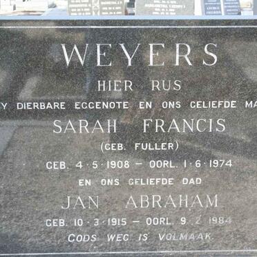 WEYERS Jan Abraham 1915-1984 &amp; Sarah Francis FULLER 1908-1974