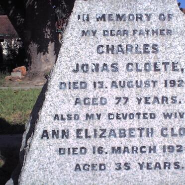 CLOETE Charles Jonas 1843-1920 :: CLOETE Anna Elizabeth 1889-1924