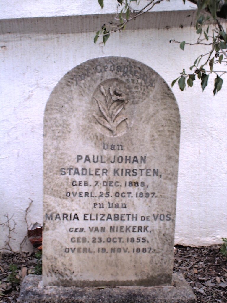 KIRSTEN Paul Johan Stadler 1888 - 1897 &amp; Maria Elizabeth DE VOS nee VAN NIEKERK 1855-1887
