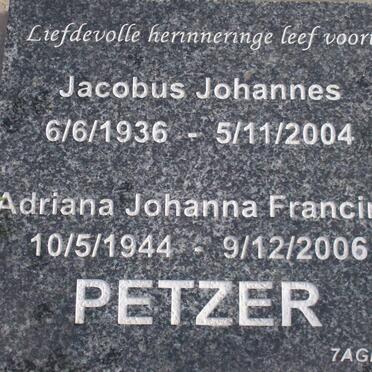 PETZER Jacobus Johannes 1936-2004 &amp; Adriana Johanna Francina 1944-2006