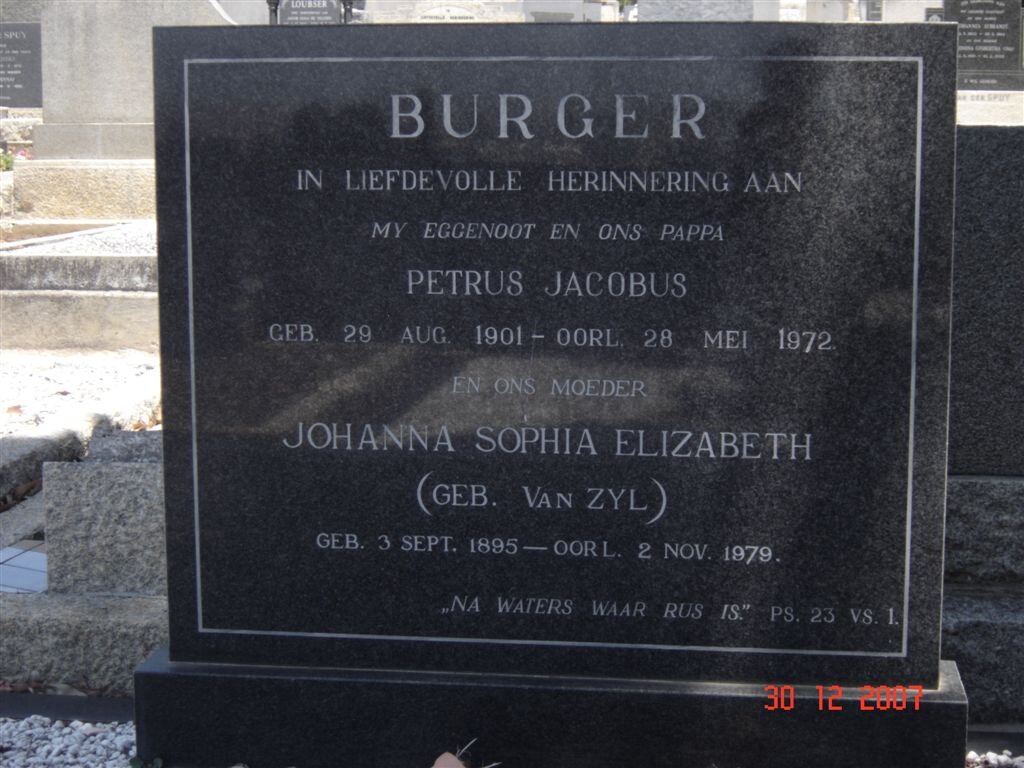 BURGER Petrus Jacobus 1901-1972 &amp; Johanna Sophia Elizabeth VAN ZYL 1895-1979