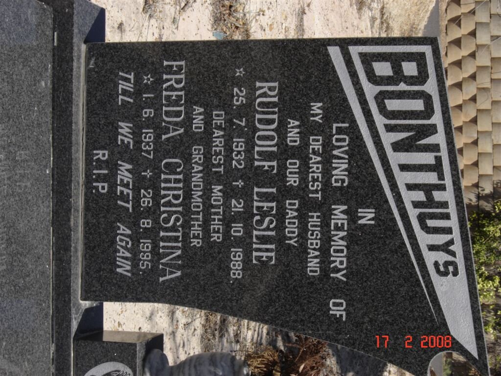 BONTHUYS Rudolf Leslie 1932-1988 &amp; Freda Christina 1937-1995