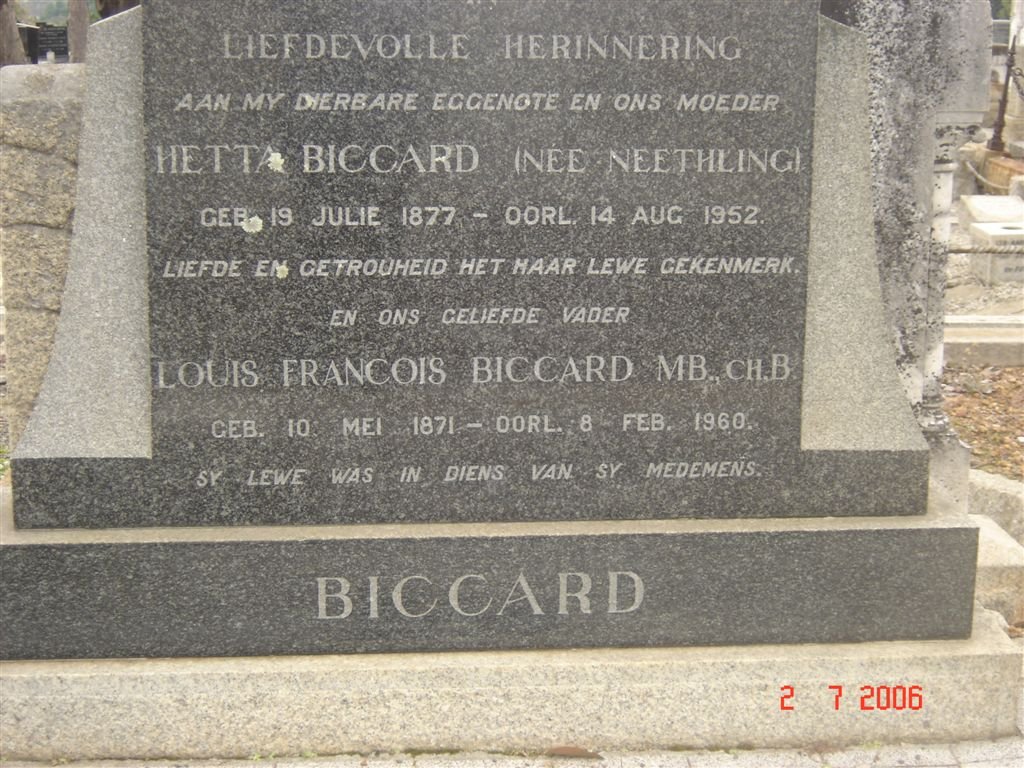 BICCARD Louis Francois 1871-1960 &amp; Hetta NEETHLING 1877-1952