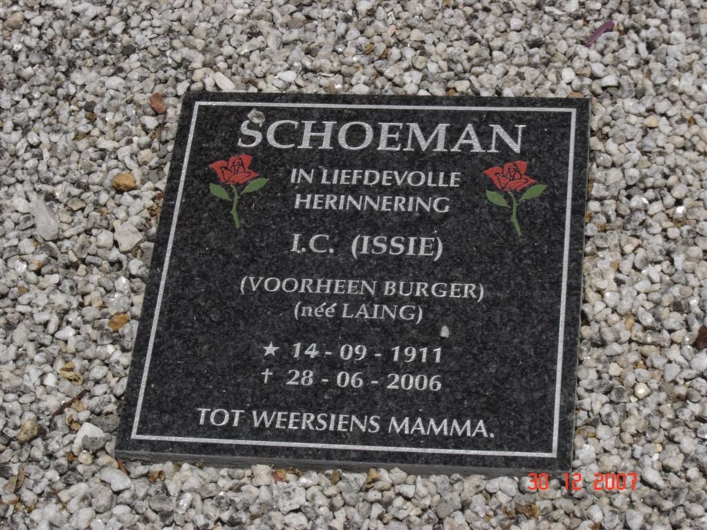 SCHOEMAN I.C. formerly BURGER nee LAING 1911-2006