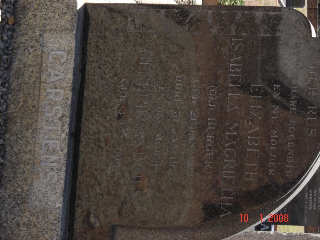 CARSTENS Hendrik Andries 1906-  &amp; Elizabeth Isabella Margrietha BURGER 1912-1957