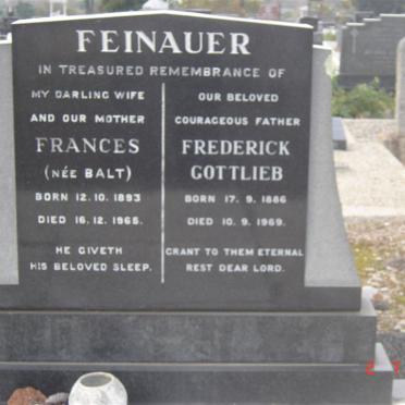 FEINAUER Frederick Gottlieb 1886-1969 &amp; Frances BALT 1893-1965