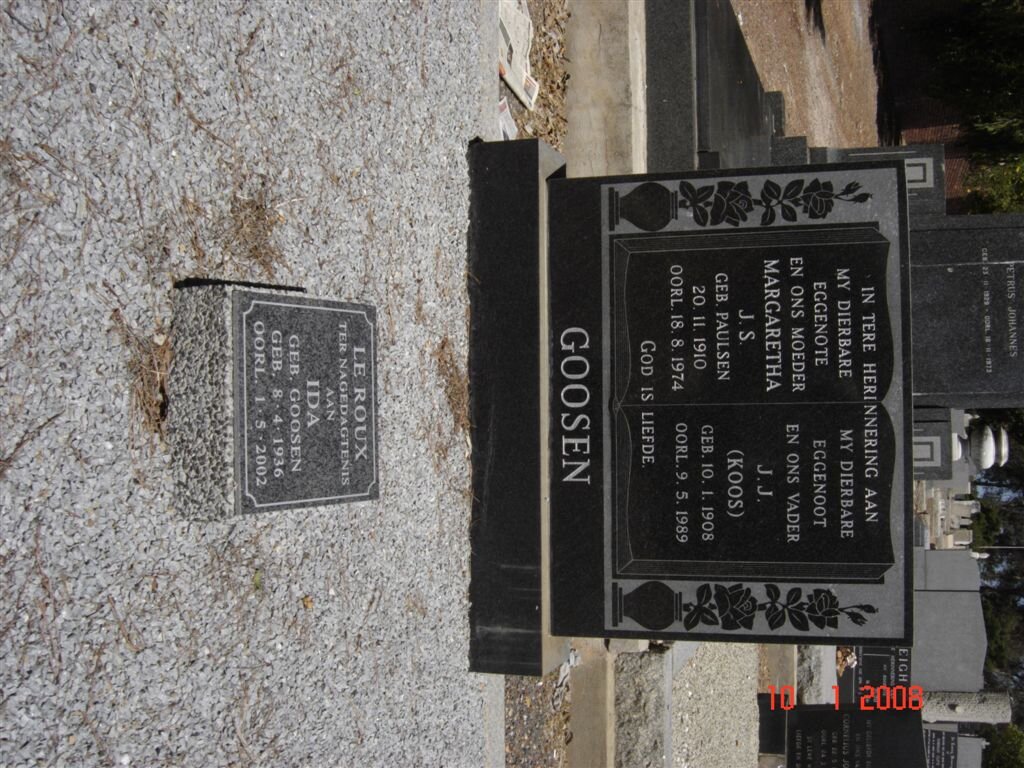 GOOSEN J.J. 1908-1989 &amp; Margaretha J.S. PAULSEN 1910-1974 :: LE ROUX  Ida nee GOOSEN 1936-2002