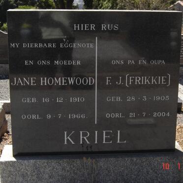 KRIEL F.J. 1905-2004 &amp; Jane Homewood 1910-1966