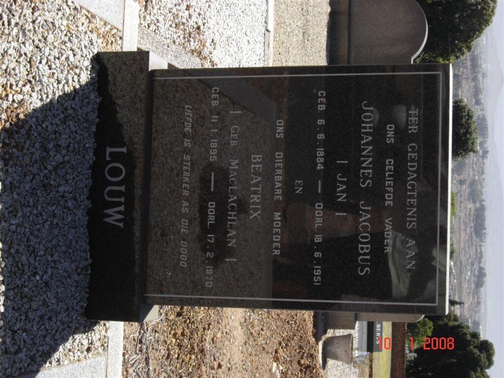 LOUW Johannes Jacobus 1884-1951 &amp; Beatrix MacLACHLAN 1895-1970