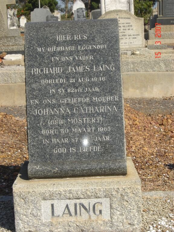 LAING Richard James -1916 &amp; Johanna Catharina MOSTERT -1965
