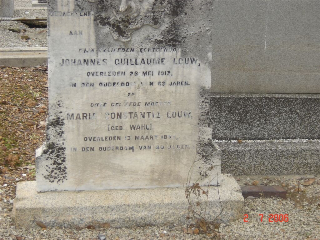 LOUW Johannes Guillaume –1912 &amp; Maria Constantia WAHL –18??