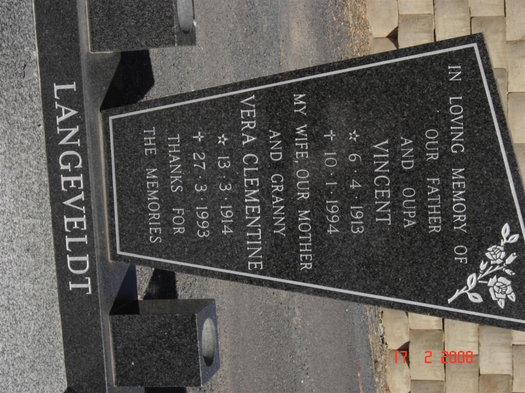 LANGEVELDT Vincent 1913-1994 &amp; Vera Clementine 1914-1993