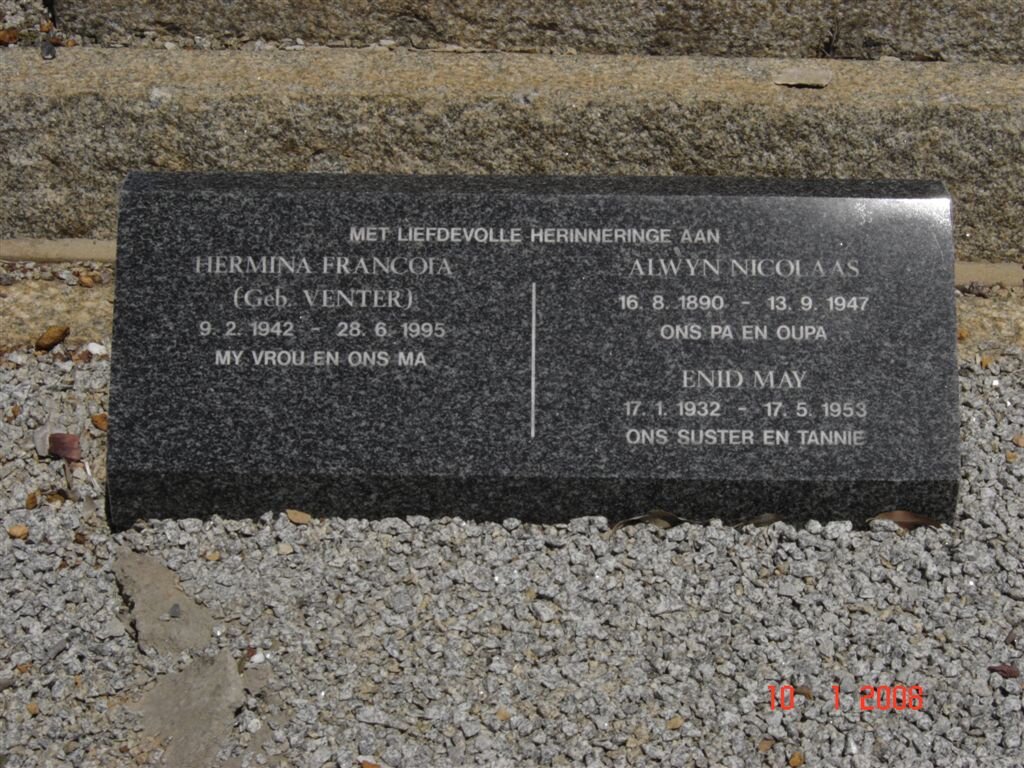 LIEBENBERG Alwyn Nicolaas 1890-1947 :: LIEBENBERG Enid May 1932-1953 :: LIEBENBERG Hermina Francoia nee VENTER 1942-1995