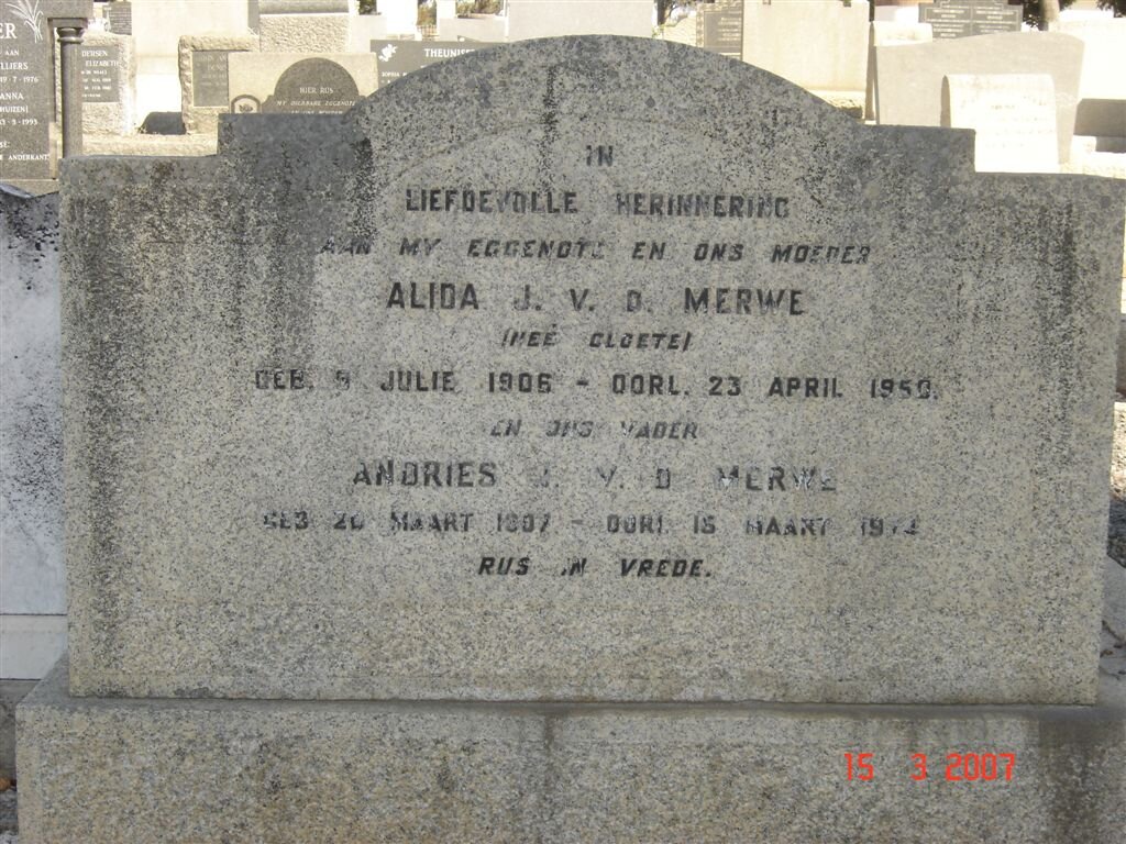 MERWE Andries ?, v.d. 1907-1974 &amp; Alida J. CLOETE 1906-1950