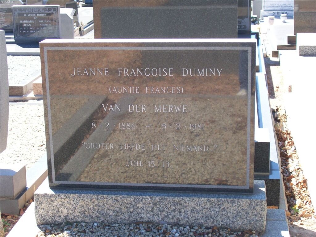 MERWE Jeanne Francoise Duminy, van der 1886-1981